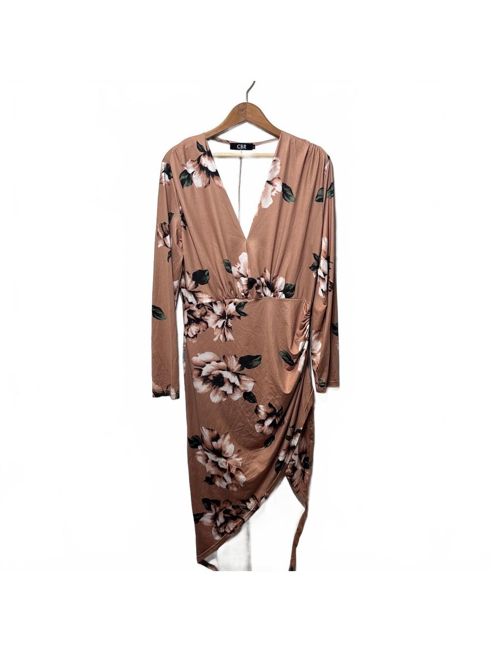 CBR Tan Floral Long Sleeve Wrap Dress Ruched Hem Size L